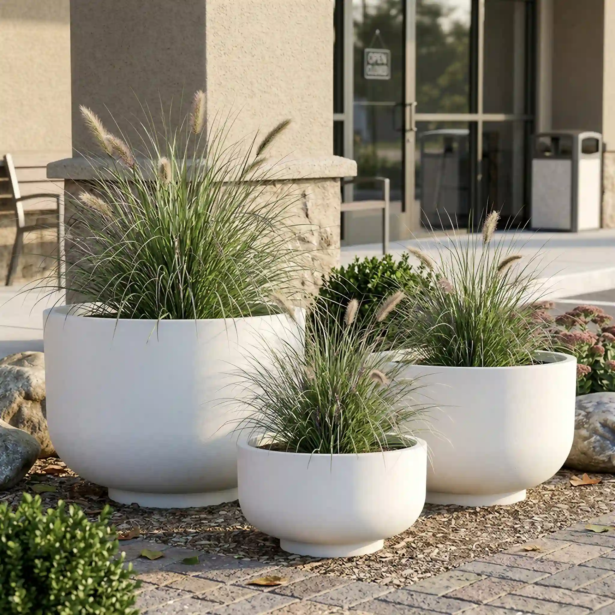 Wide-mouth glass-fiber reinforced basins enhancing a retail storefront entrance. Frost-resistant site furnishings designed for commercial hardscaping and pathway borders.
